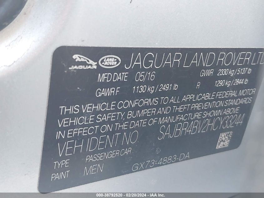 2017 Jaguar Xf 35T VIN: SAJBR4BV2HCY33244 Lot: 38792520
