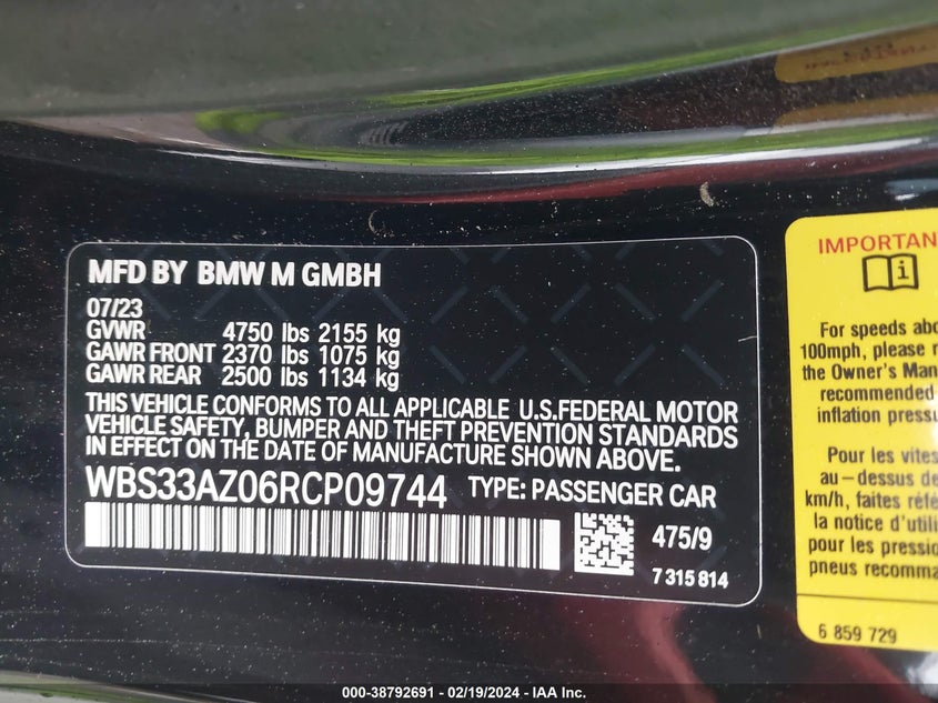 2024 BMW M4(VIN: WBS33AZ06RCP09744