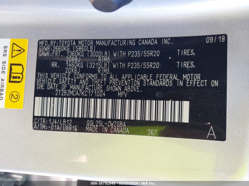 VIN 2T2BZMCA7KC171004 2019 LEXUS RX 350