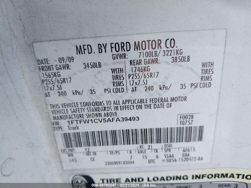 2010 Ford F-150 Fx2 Sport/Harley-Davidson/King Ranch/Lariat/Platinum/Xl/Xlt VIN: 1FTFW1CV5AFA39493 Lot: 38793247