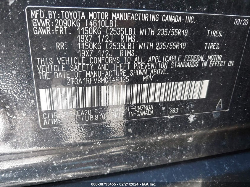 VIN 2T3A1RFV8MC146125 2021 TOYOTA RAV4 XLE PREMIUM