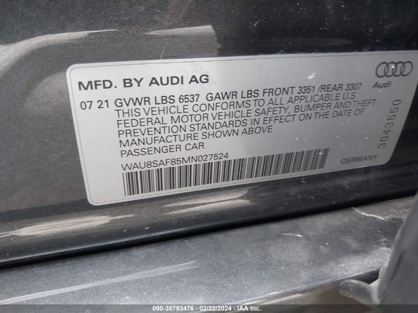 WAU8SAF85MN027524 2021 Audi S8 Tfsi Quattro Tiptronic