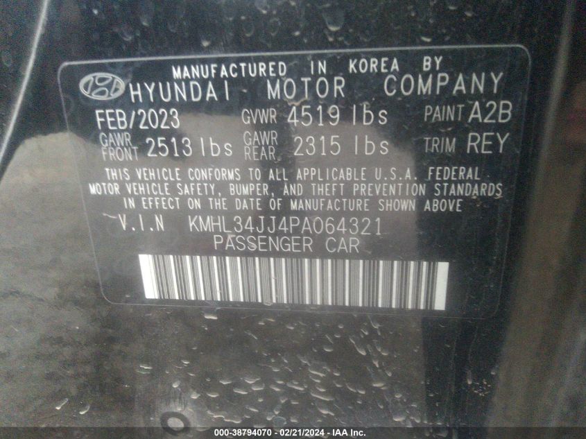 2023 Hyundai Sonata Hybrid Sel VIN: KMHL34JJ4PA064321 Lot: 38794070