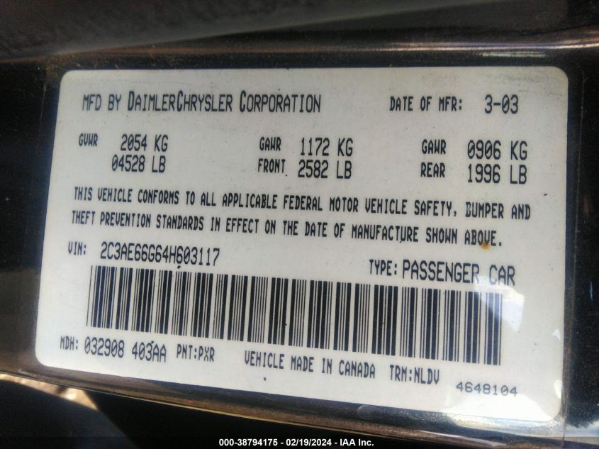 2004 Chrysler 300M VIN: 2C3AE66G64H603117 Lot: 38794175