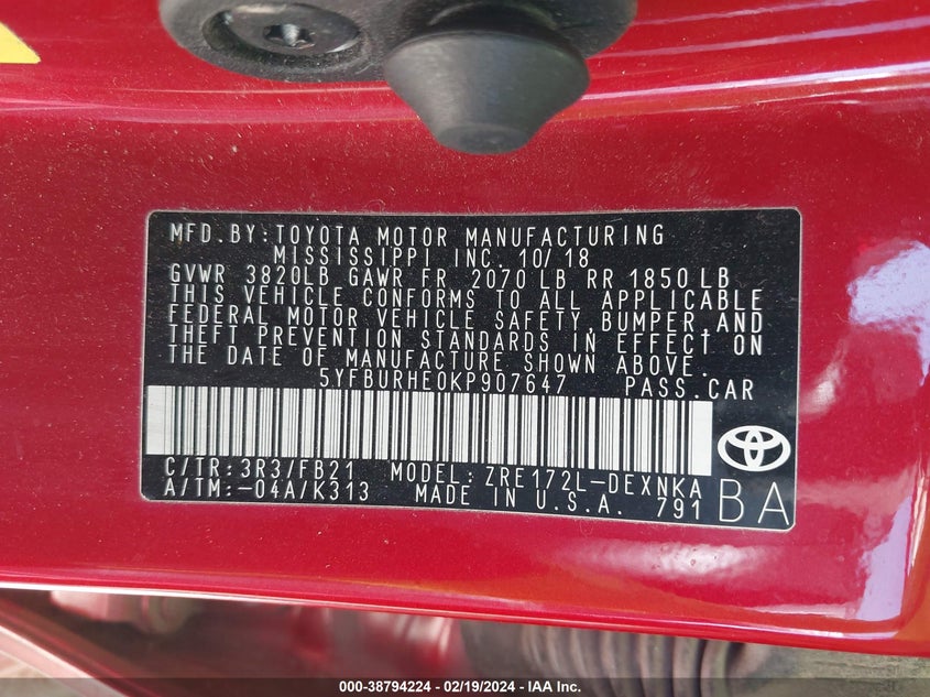 2019 TOYOTA COROLLA LE - 5YFBURHE0KP907647