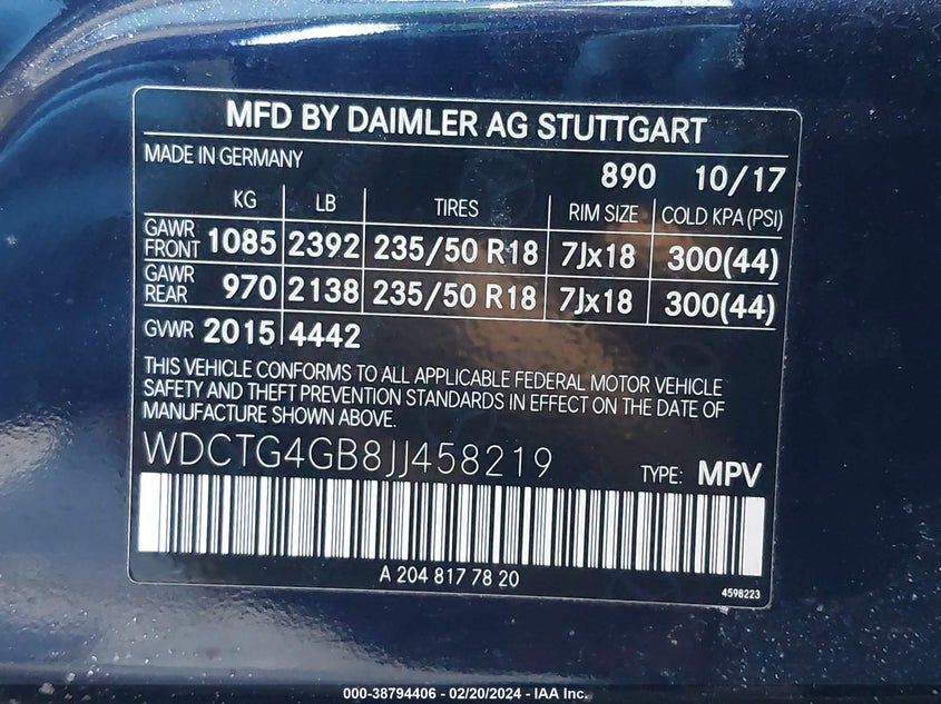 2018 MERCEDES-BENZ GLA 250 VIN: WDCTG4GB8JJ458219