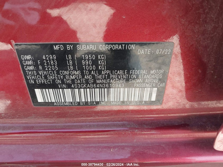 2022 SUBARU IMPREZA - 4S3GKAB64N3610943