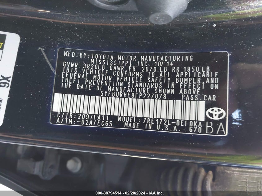 2015 TOYOTA COROLLA L - 5YFBURHE8FP227078