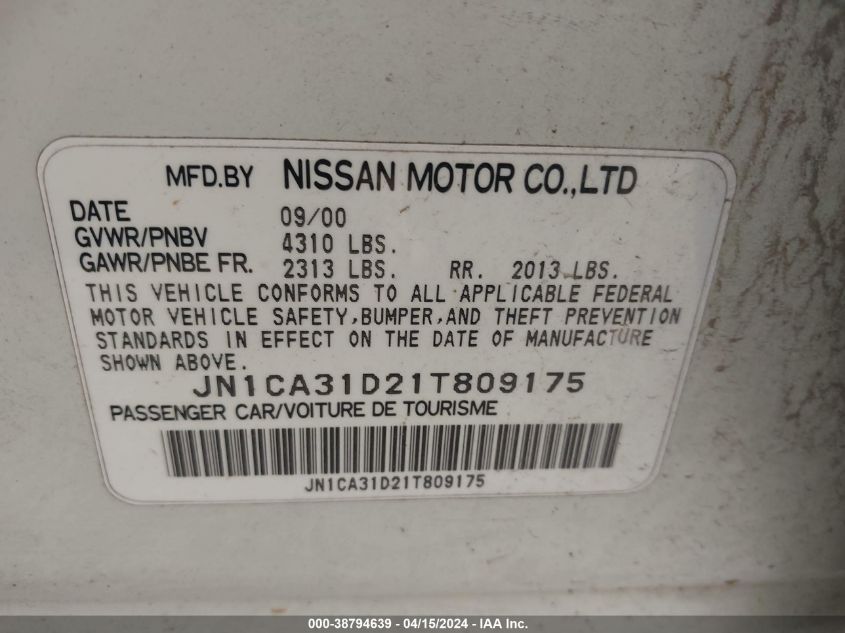 JN1CA31D21T809175 2001 Nissan Maxima Gxe