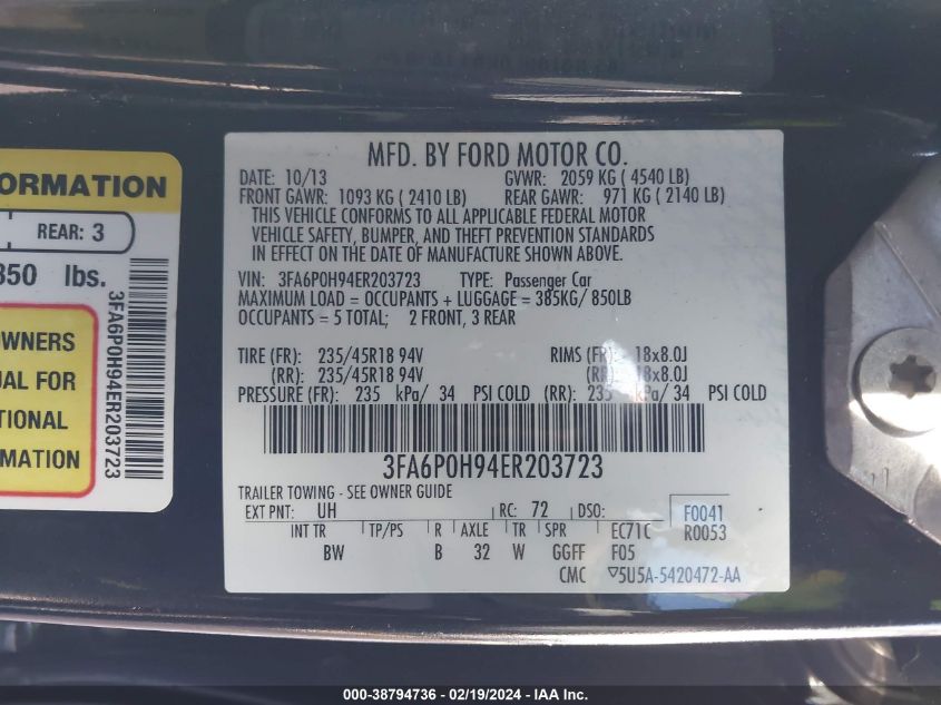 2014 Ford Fusion Se VIN: 3FA6P0H94ER203723 Lot: 38794736