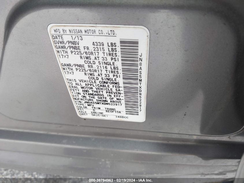 JN8AS5MTXDW522917 2013 Nissan Rogue Sv