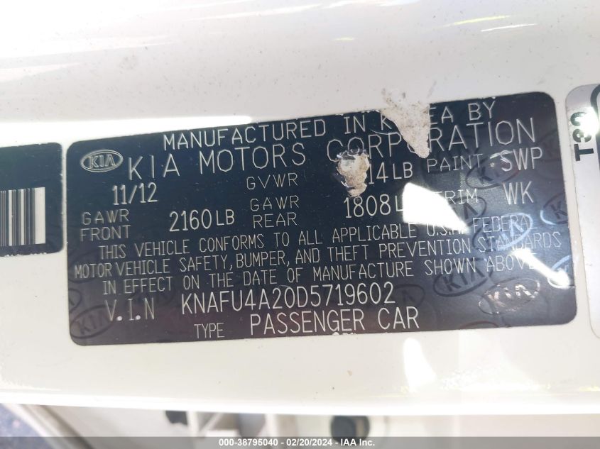 2013 Kia Forte Ex VIN: KNAFU4A20D5719602 Lot: 38795040