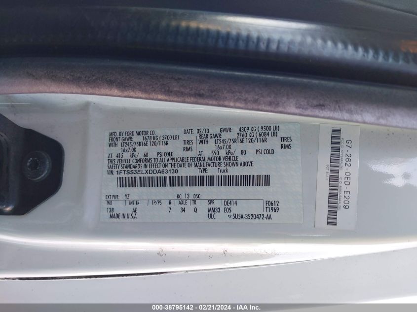 2013 Ford Econoline VIN: 1FTSS3ELXDDA63130 Lot: 38795142