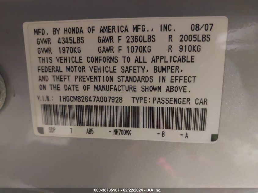 2007 Honda Accord 3.0 Ex VIN: 1HGCM82647A007928 Lot: 38795187