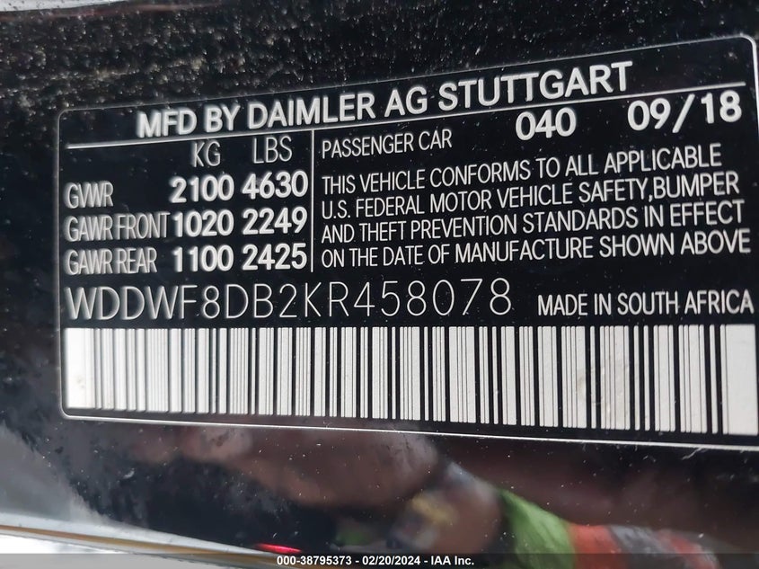 VIN WDDWF8DB2KR458078 2019 MERCEDES-BENZ C 300