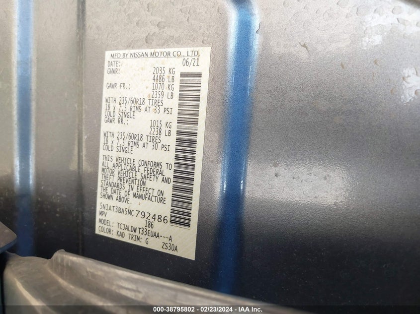 VIN 5N1AT3BA5MC792486 2021 NISSAN ROGUE SV