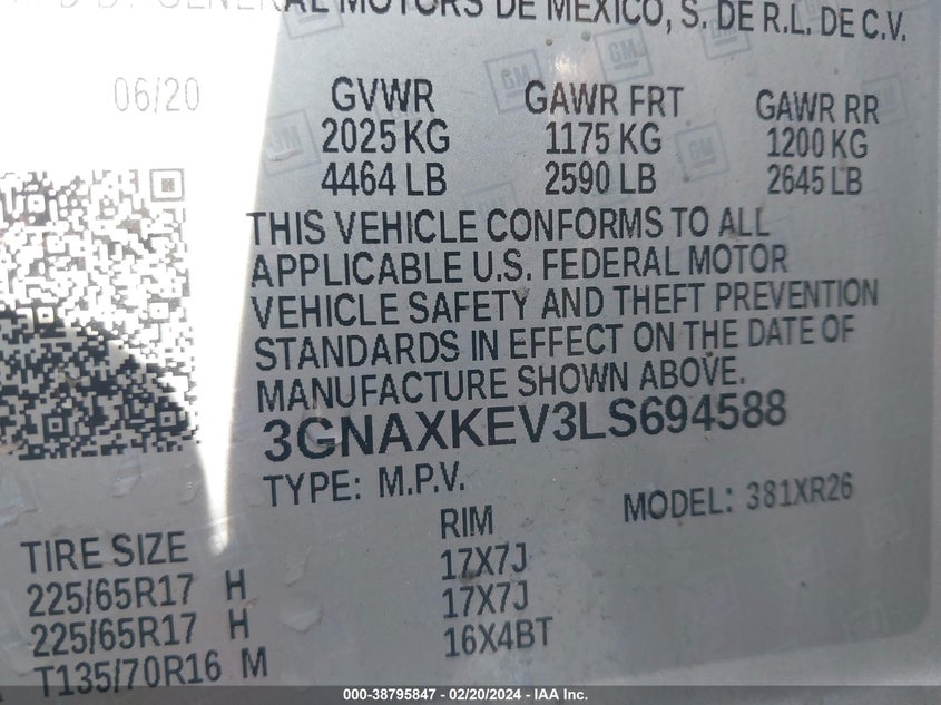 VIN 3GNAXKEV3LS694588 2020 CHEVROLET EQUINOX LT