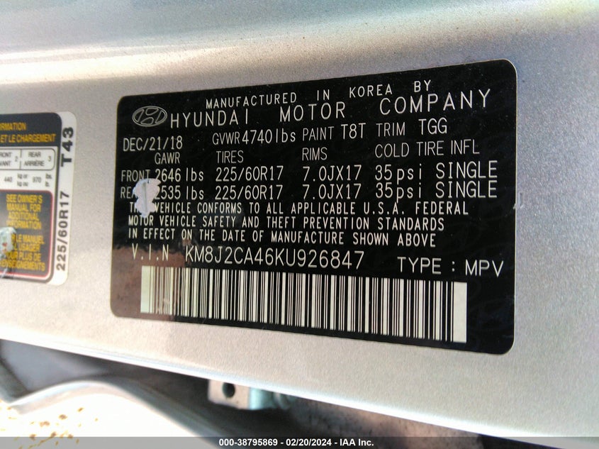 VIN KM8J2CA46KU926847 2019 HYUNDAI TUCSON SE