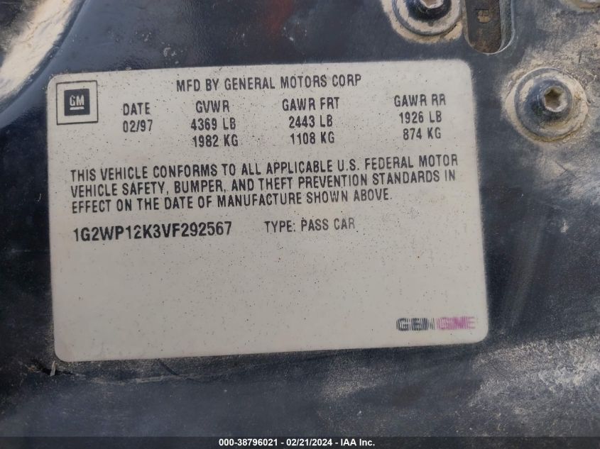1997 Pontiac Grand Prix Gt VIN: 1G2WP12K3VF292567 Lot: 38796021