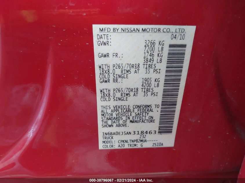 1N6BA0EJ5AN318463 2010 Nissan Titan Se