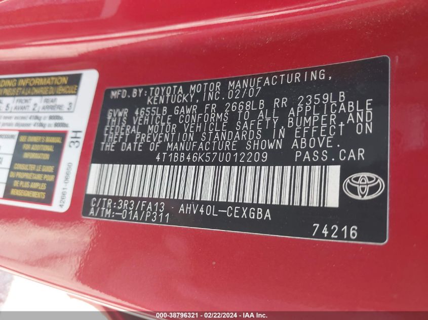 2007 Toyota Camry Hybrid VIN: 4TNBB46K57U012209 Lot: 38796321