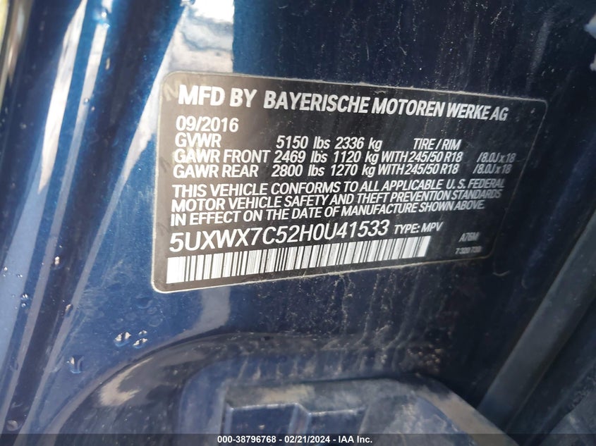 VIN: 5UXWX7C52H0U41533 2017 BMW X3 XDRIVE35I