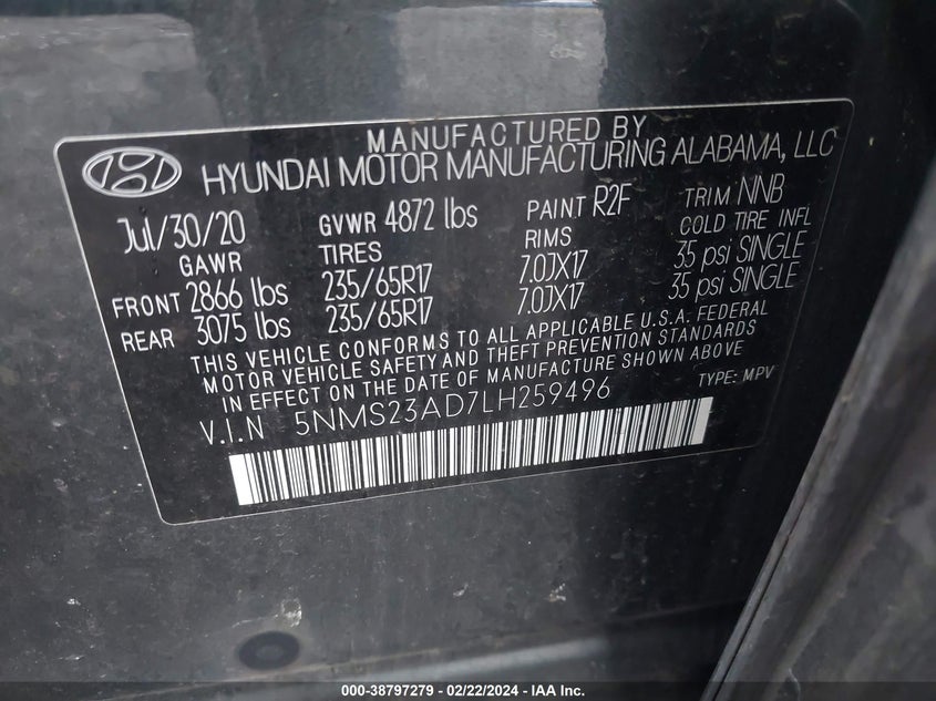 VIN 5NMS23AD7LH259496 2020 HYUNDAI SANTA FE SE