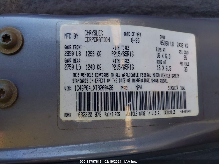 1996 Chrysler Town & Country Lxi VIN: 1C4GP64LXTB200426 Lot: 38797615