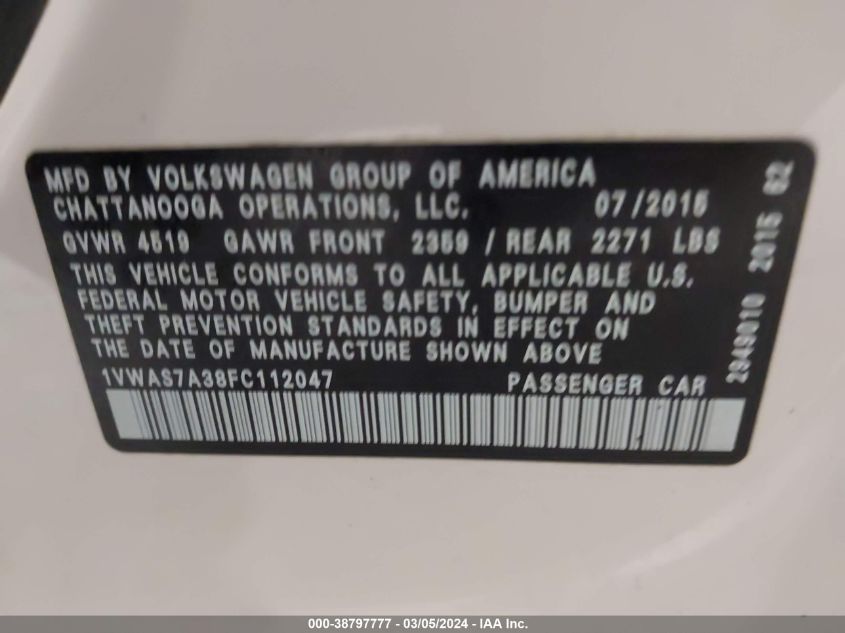 VIN 1VWAS7A38FC112047 2015 VOLKSWAGEN PASSAT no.9