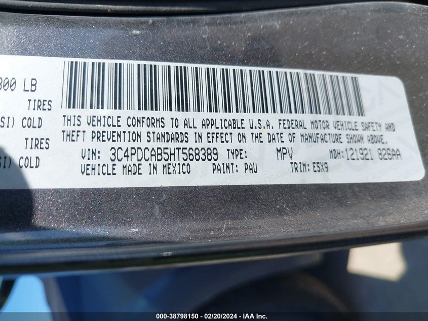 VIN 3C4PDCAB5HT568389 2017 DODGE JOURNEY SE