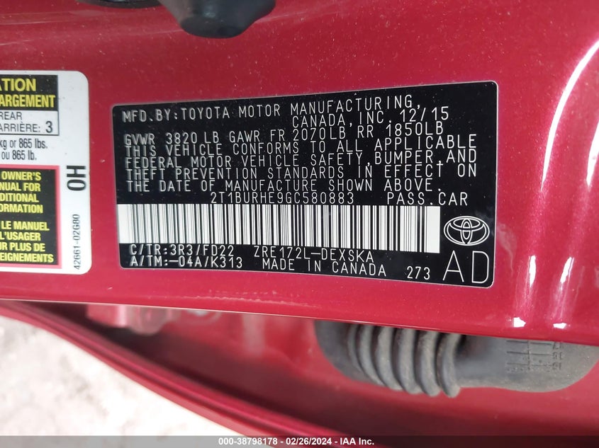 2016 TOYOTA COROLLA L/LE/LE PLS/PRM/S/S PLS - 2T1BURHE9GC580883