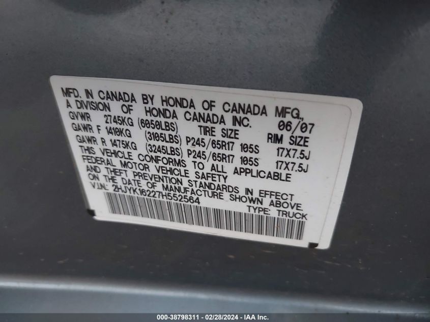 2007 Honda Ridgeline Rt VIN: 2HJYK16227H552564 Lot: 38798311