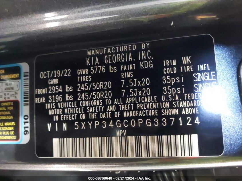 2023 KIA TELLURIDE EX VIN: 5XYP34GC0PG337124