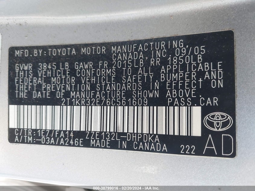 2006 TOYOTA MATRIX VIN: 2T1KR32E76C561609