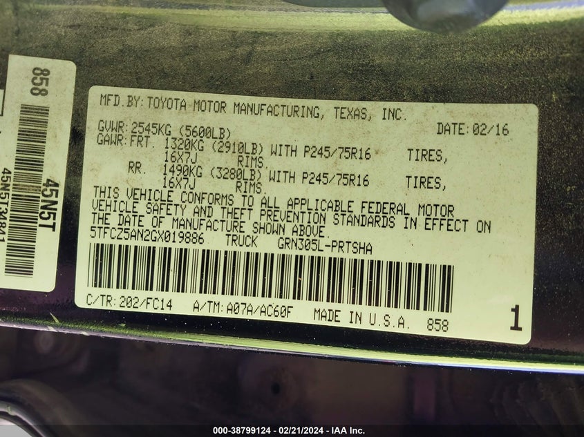 2016 TOYOTA TACOMA DBL CAB/SR/SR5/TRD SPT/OR - 5TFCZ5AN2GX019886