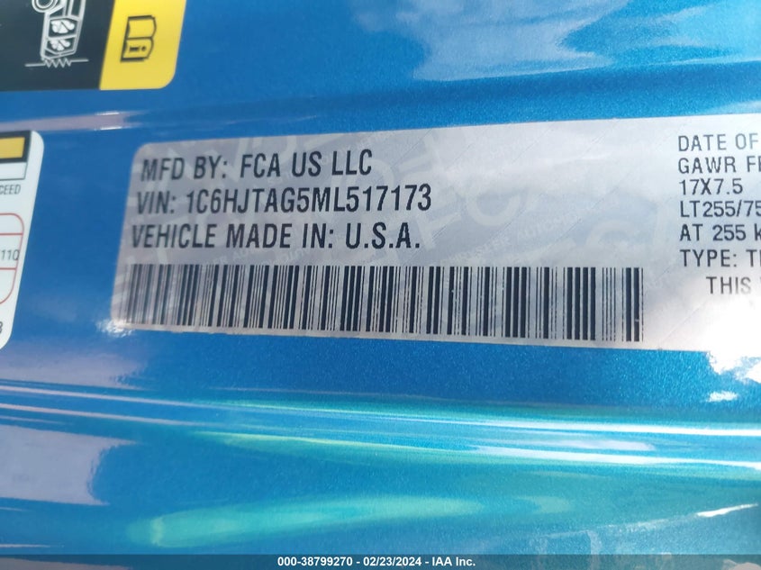 VIN 1C6HJTAG5ML517173 2021 JEEP GLADIATOR SPORT