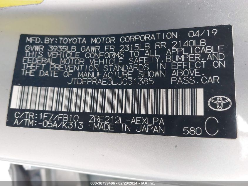 2020 Toyota Corolla Le VIN: JTDEPRAE3LJ031385 Lot: 38799486