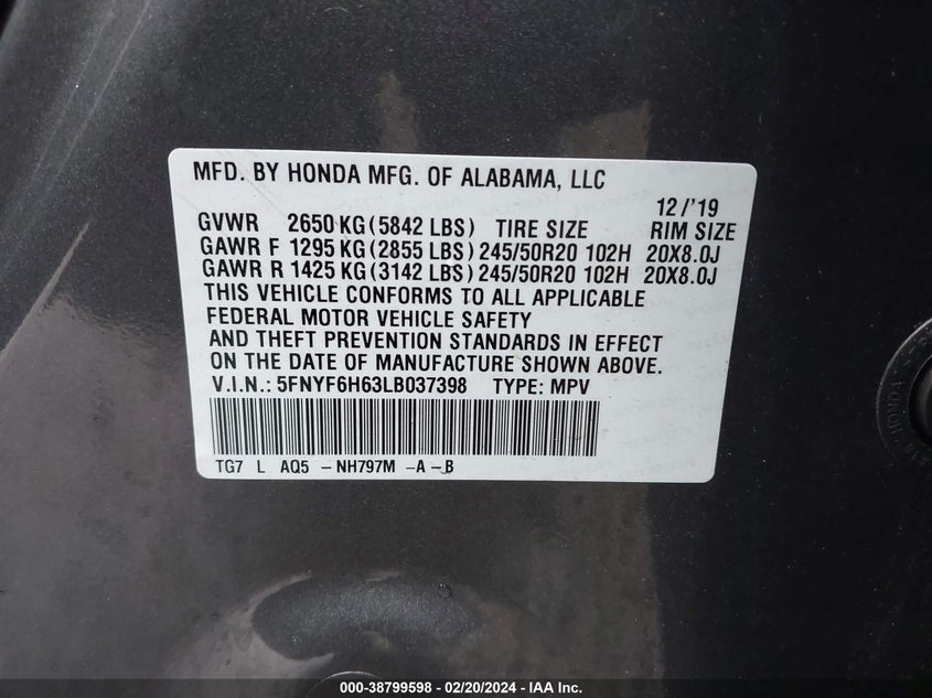 VIN 5FNYF6H63LB037398 2020 HONDA PILOT TOURING