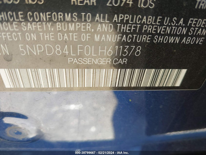 VIN 5NPD84LF0LH611378 2020 HYUNDAI ELANTRA SEL/VALUE/LIMITED