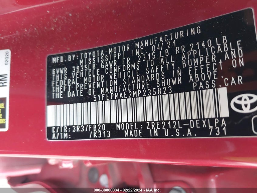 2021 TOYOTA COROLLA LE - 5YFEPMAE2MP235823