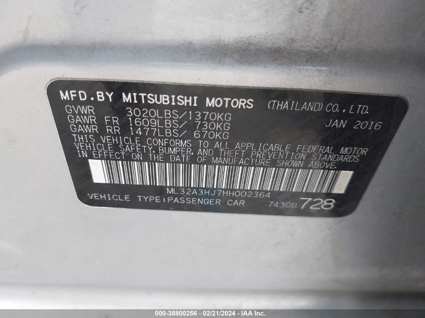 2017 Mitsubishi Mirage Es VIN: ML32A3HJ7HH002364 Lot: 38800256