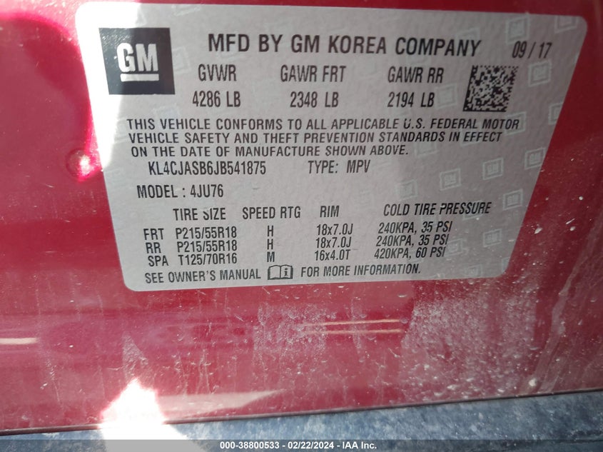 VIN KL4CJASB6JB541875 2018 BUICK ENCORE PREFERRED