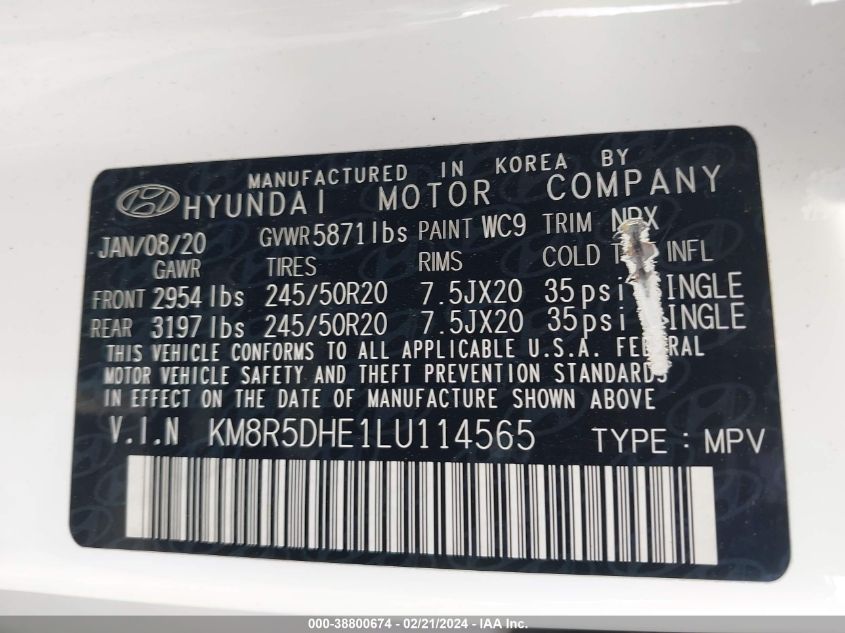 VIN KM8R5DHE1LU114565 2020 HYUNDAI PALISADE no.9