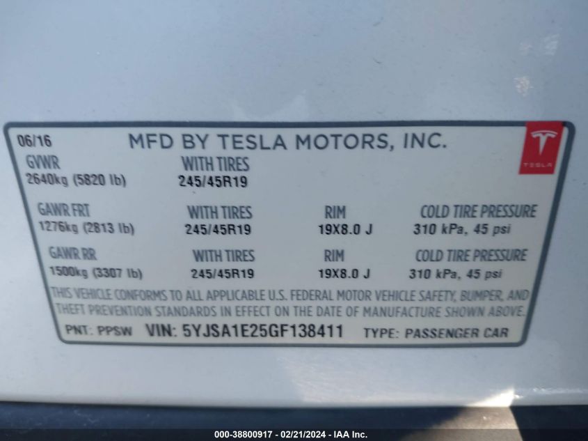 5YJSA1E25GF138411 2016 Tesla Model S 60D/70D/75D/85D/90D