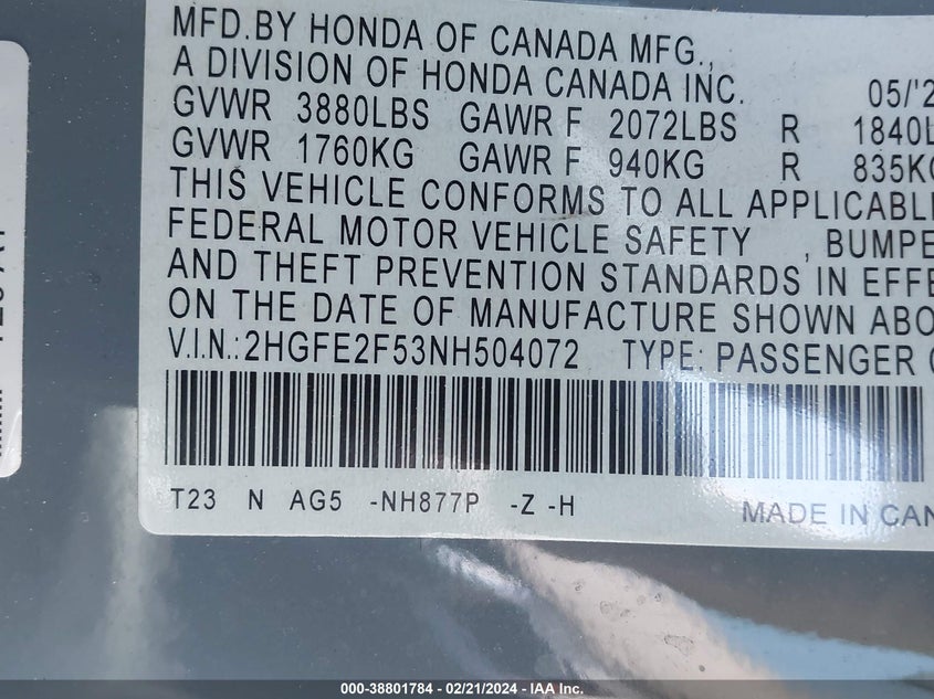 2022 HONDA CIVIC SPORT - 2HGFE2F53NH504072