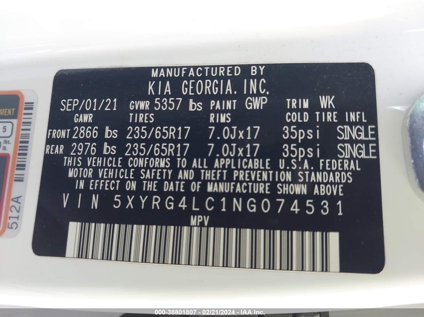VIN 5XYRG4LC1NG074531 2022 KIA SORENTO LX