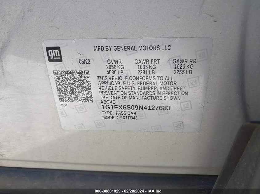 2022 CHEVROLET BOLT EV FWD 2LT - 1G1FX6S09N4127683