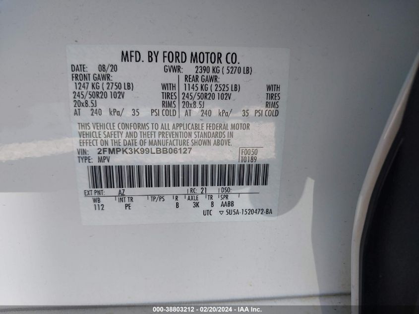 2020 Ford Edge Titanium VIN: 2FMPK3K99LBB06127 Lot: 38803212