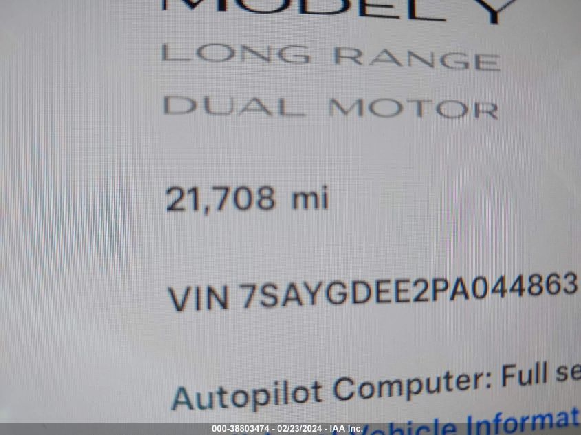 2023 Tesla Model Y Awd/Long Range Dual Motor All-Wheel Drive VIN: 7SAYGDEE2PA044863 Lot: 38803474