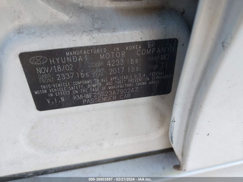 2003 Hyundai Sonata VIN: KMHWF25S23A790247 Lot: 38803597